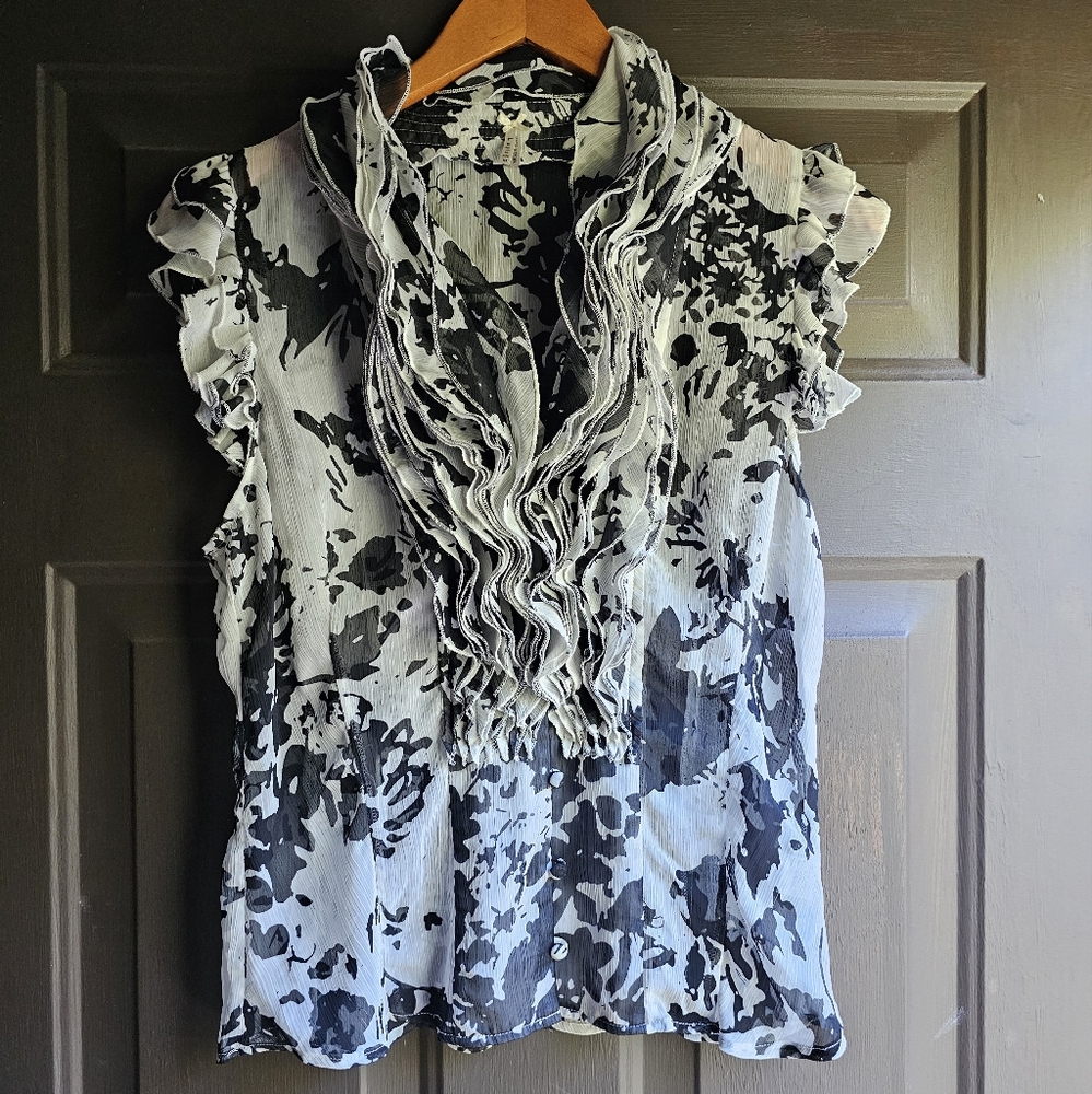 Lapis medium black and white sheer ruffled blouse